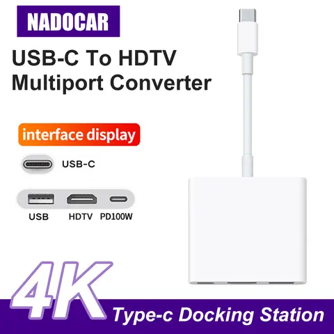 3 In 1 USB-C 허브, 흰색 ABS Type-C ~ 4K 30Hz HDMl+USB3.0+PD100W 휴대폰, MacBook, IPad, 노트북 컴퓨터용 도킹 스테이션