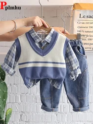 Spring Fall Boys 3 Piece Set V Neck Knitted Vest Tops + Plaid Shirts + Elastic Waist Harem Jeans Outfit Casual Children Ensemble