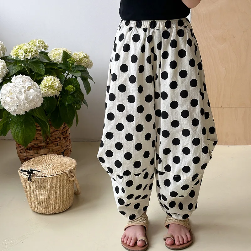 Girls' Retro Loose Lantern Polka Dot Pants Summer Children's Casual Pleated Long Pants Horseshoe Mosquito Repellent Pants