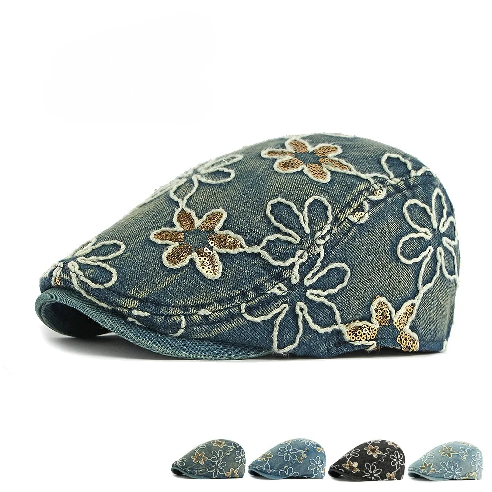 Wash-effect Denim Floral Beret for Women: Sweet Yet Edgy, British Vintage-inspired, Versatile and Stylish Painter's Cap