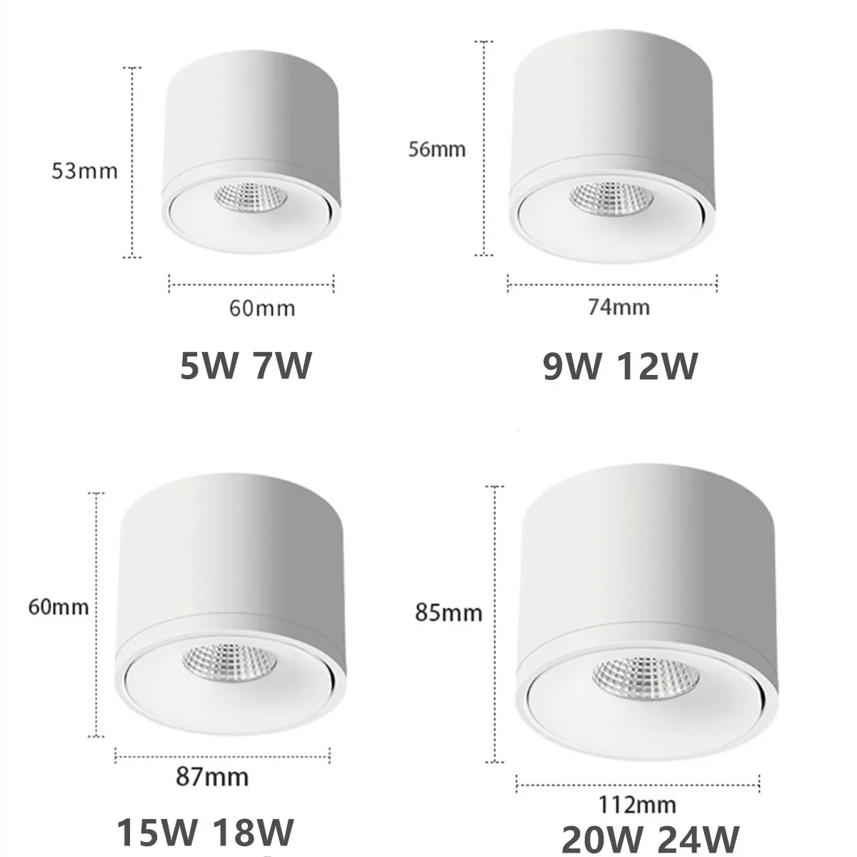 Luz LED descendente regulable montada en superficie interior, Blanca/negra, AC110V, 220V, COB, luz de techo, 9W, 12W, 24W, fuente de luz giratoria de 360 °