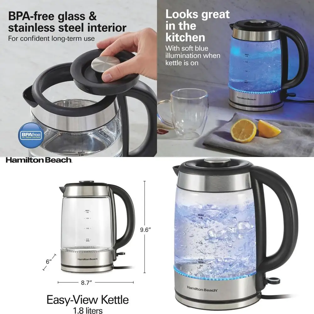 

Беспроводной электрический чайник 1,8 л, быстрое кипячение 1500 Вт, автоматическое отключение и защита от выкипания, прозрачный стеклянный корпус