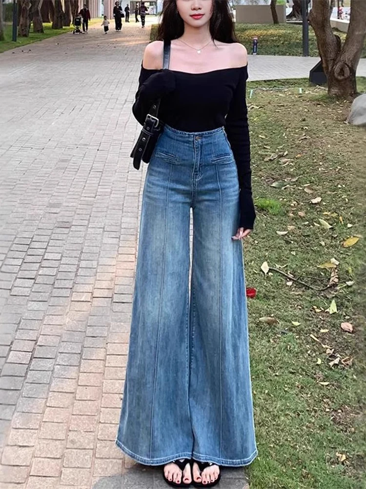 

High Waist Draped Loose Straight Leg Jeans Women's Vintage Wide Leg Denim Pants Pear ape Body Slimming High Waist Jeans