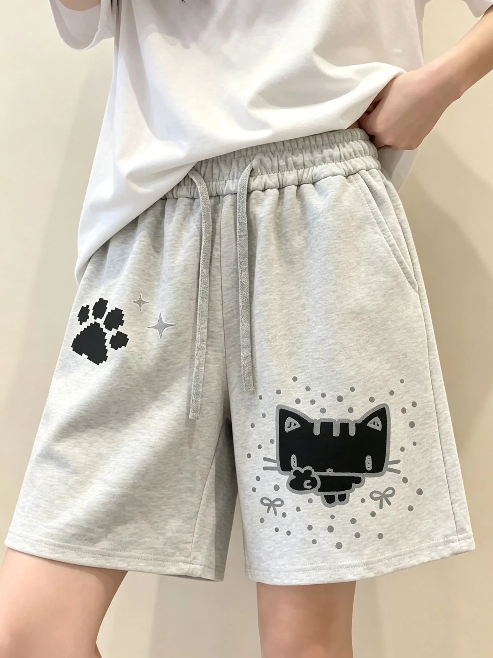 Image of Neue Damen-Sommershorts mit Katzenmuster, Lässige A-Linie, Locker Geschnitten mit Taschen, Kordelzug, Elastischer Bund, Reine Faserstoffe