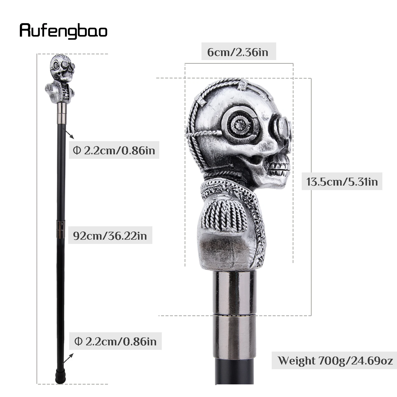 Silver Resin Skull Head Walking Cane Fashion Decorative Steel Stick Elegant Cane Knob Crosier 92cm  Performance Stage Cane