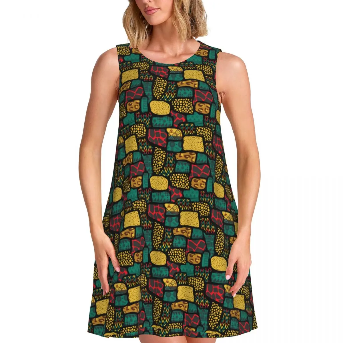 African Print Dress Colorful Patchwork Trendy Dresses Lady Sleeveless Aesthetic Tank Dress Summer Pattern Oversized Vestido