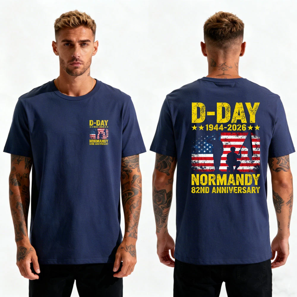 D-Day Normandy 82nd Anniversary 1944-2026 Men T-Shirt US Flag Vintage Print Double-Sided Patriotic Cotton Tee Men Clothing view 3