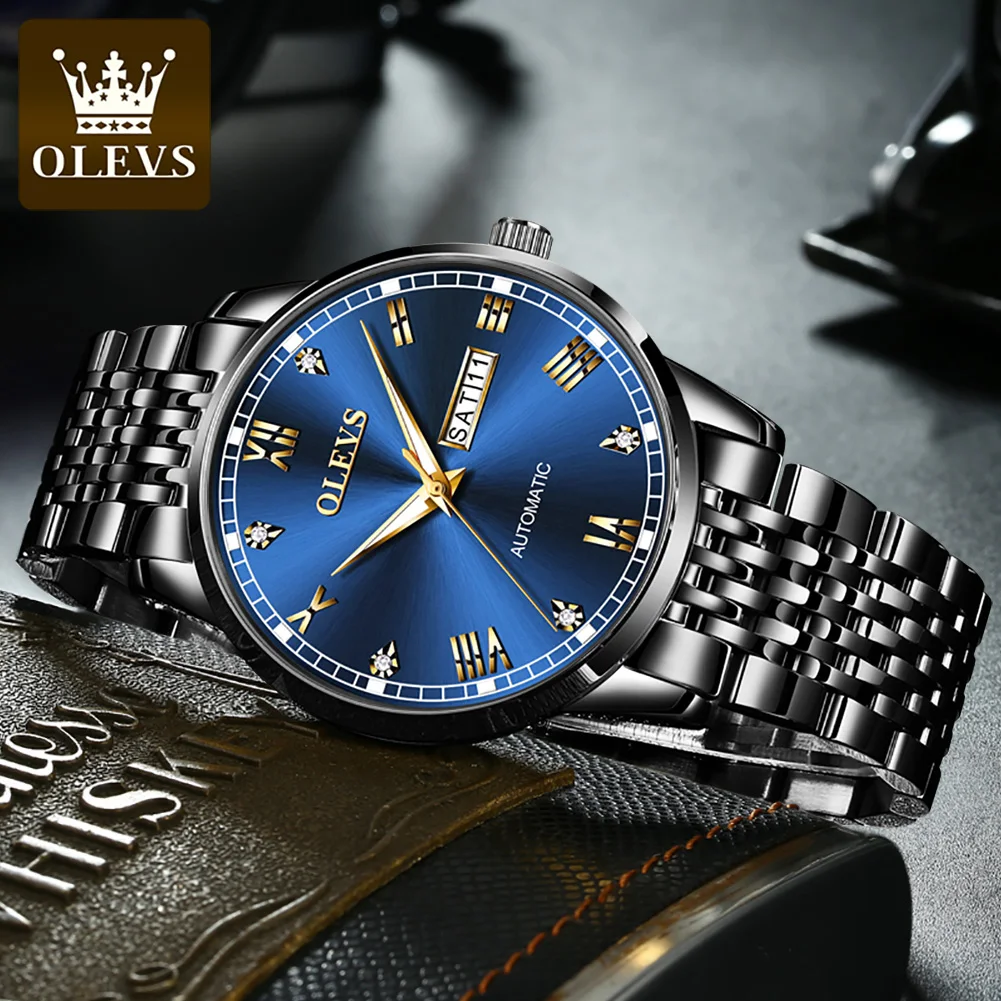 OLEVS Original Automatic Watch for Men Luxury Top Diamond Scale Dual Calendar Waterproof Luminous Business Man Mechanical Watch