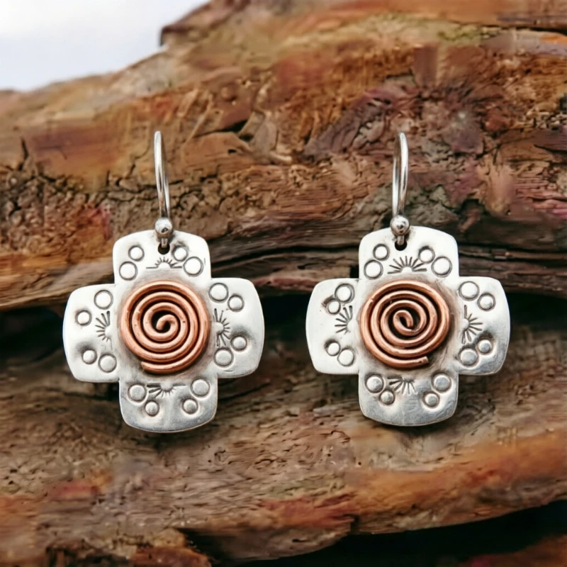 Vintage Ethnic Style Swirl Textured Two Tone Cross Dangle Earrings for Women Fashion Geometry Banquet Vacation Fine Jewelry Gift