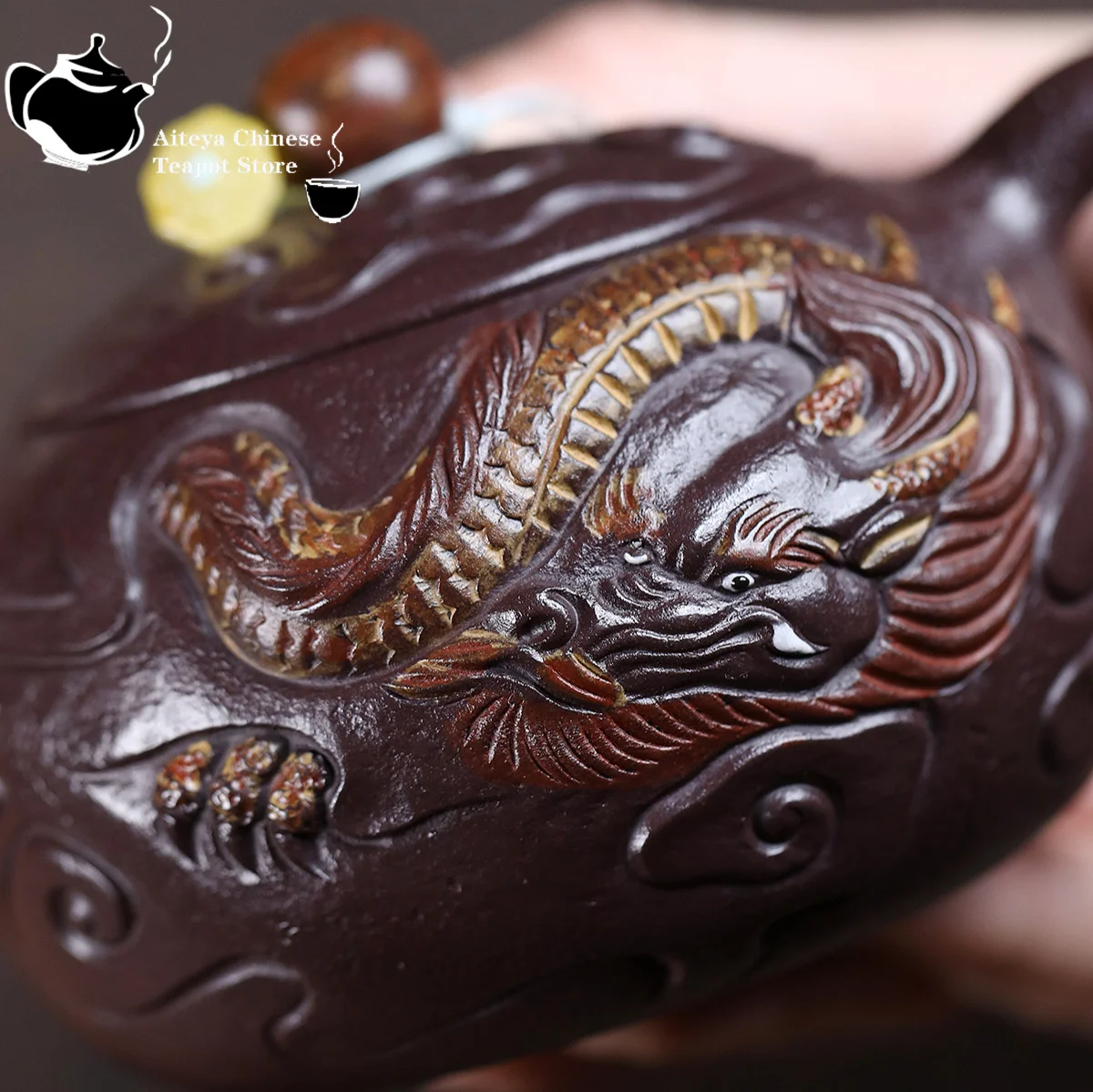 Théière en argile violette Yixing, minerai original, jade violet, sable doré, dragon jouant avec des perles, service à thé Kung Fu, théière de style chinois