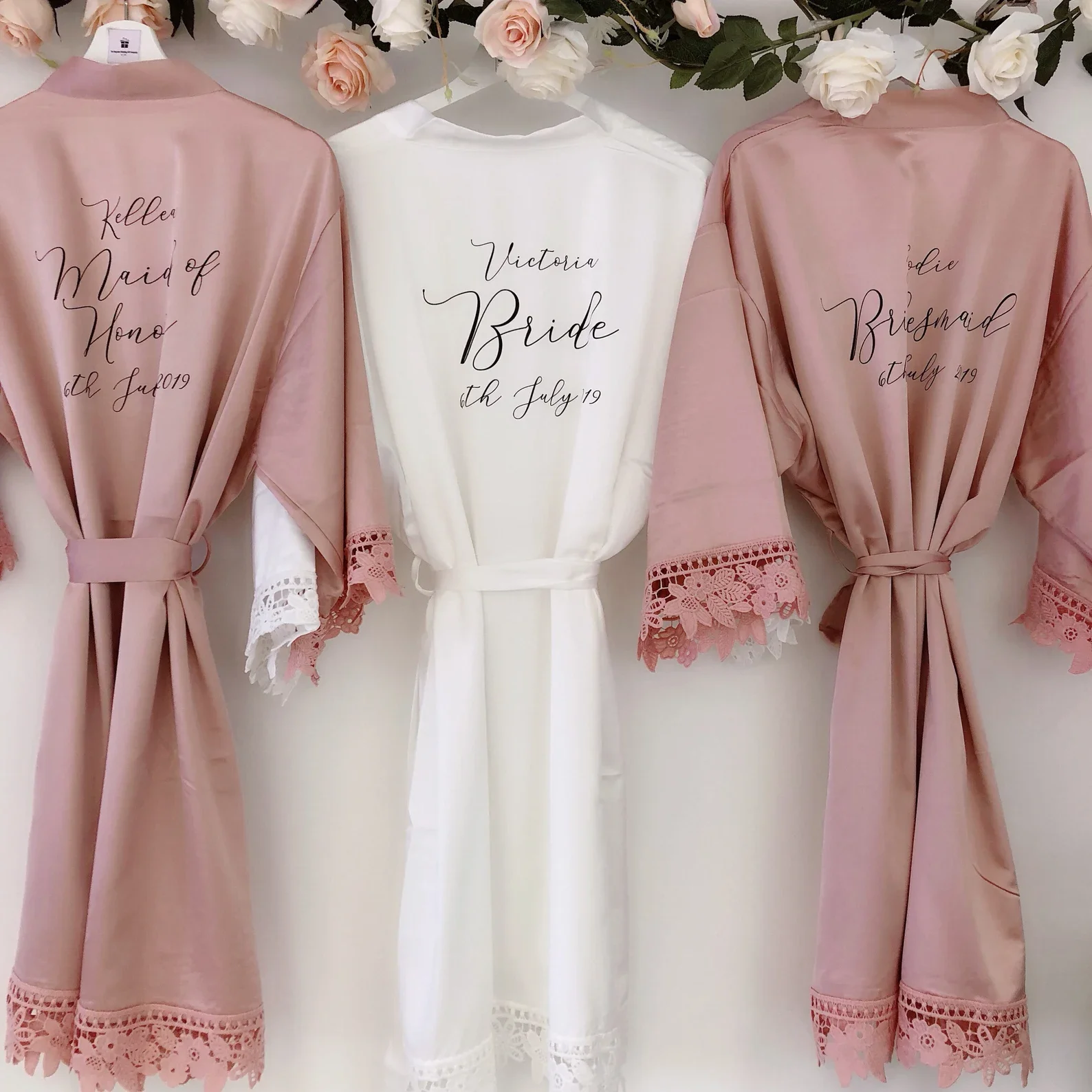 Personalised Name Satin Lace Bridal Robes Wedding Robe with Lace for Bridesmaids Gifts Custom Texts Dressing Gown Silk Kimono