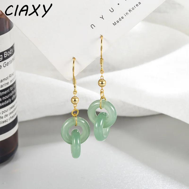 2023 New Hetian Jade Interlocking Dangle Earrings for Women Classical Chinese Style Circle Gold Color Earring Luxury Jewelry