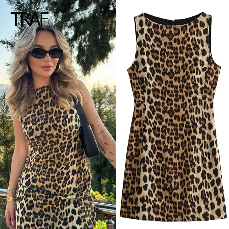 TRAF-Robe Imprimé Léopard pour Femme, Col Rond, en Fibre Précieuse, Chic et Élégante, Nouvelle Collection Été 2024