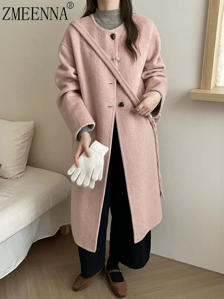 

ZMEENNA Women's Long Wool Coat Winter Round Neck Jacket Pink Chic Outerwear Warm Oversized Overcoat With Pockets ZM3742
