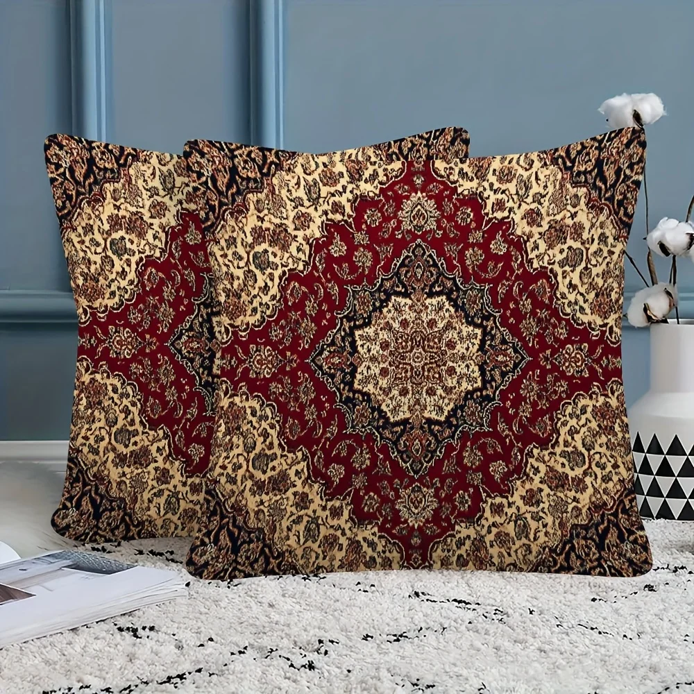1pc Vintage Persian Rug Print Pillow Cover, 2D Double-Sided Polyester Cushion Case, Red & Beige Oriental Decor, Gift for Antique