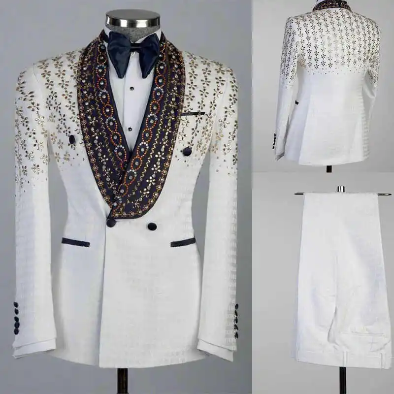 

Luxurious Men Suits Jacquard 2 Pieces Shawl Lapel Double Breasted Pants Sets Crystals Prom Male Party Customized