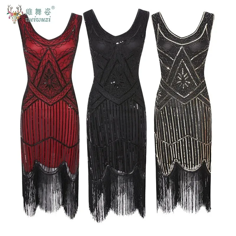 플러스 사이즈 1920년대 플래퍼 드레스 그레이트 개츠비 프롬 이브닝 가운 V넥 신상 여성 우아한 블랙 스팽글 비즈 태슬 파티 드레스