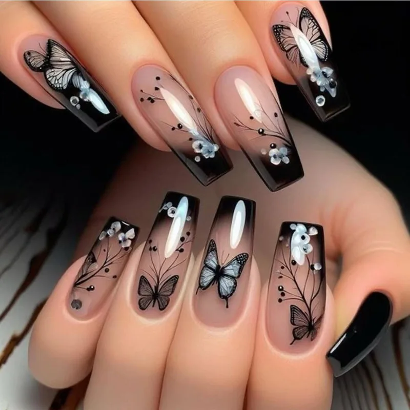 

24PCS Dark Gradient Butterfly Press on Nails Almond Fake Nails Sweet Cool Ballet Nails Накладные Ногти 24Pcs Wearable Nail Art