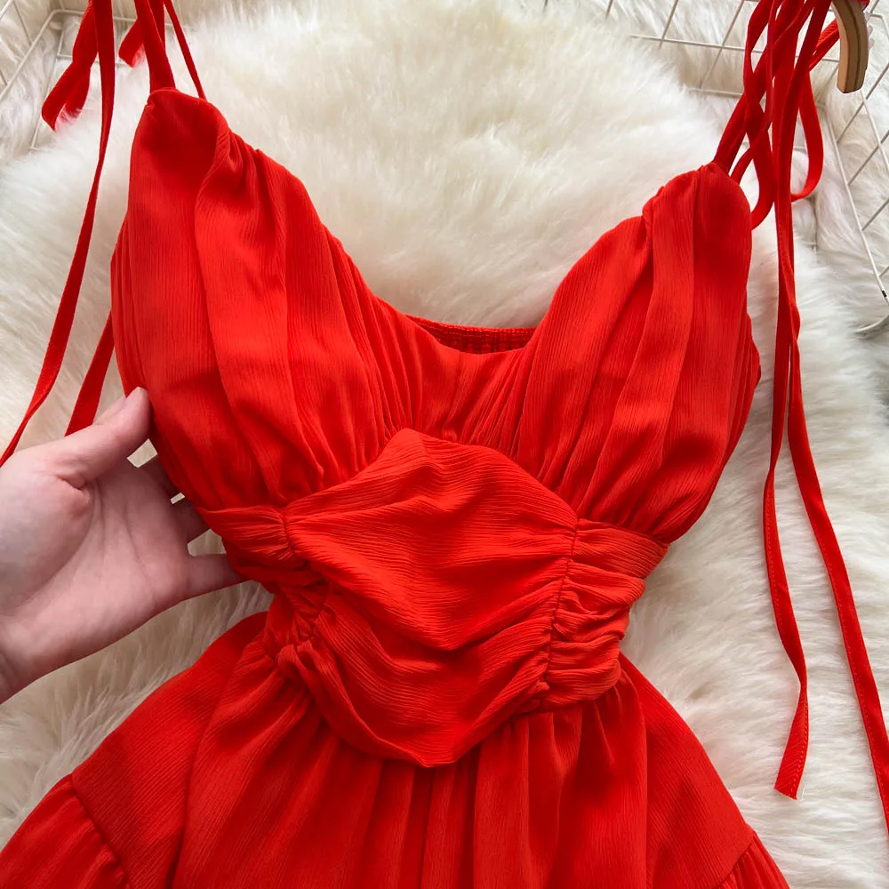 Chic vintage Ruched V-neck sleeveless Elegant Fairy korean fashion Boho Beach women clothing Long dress