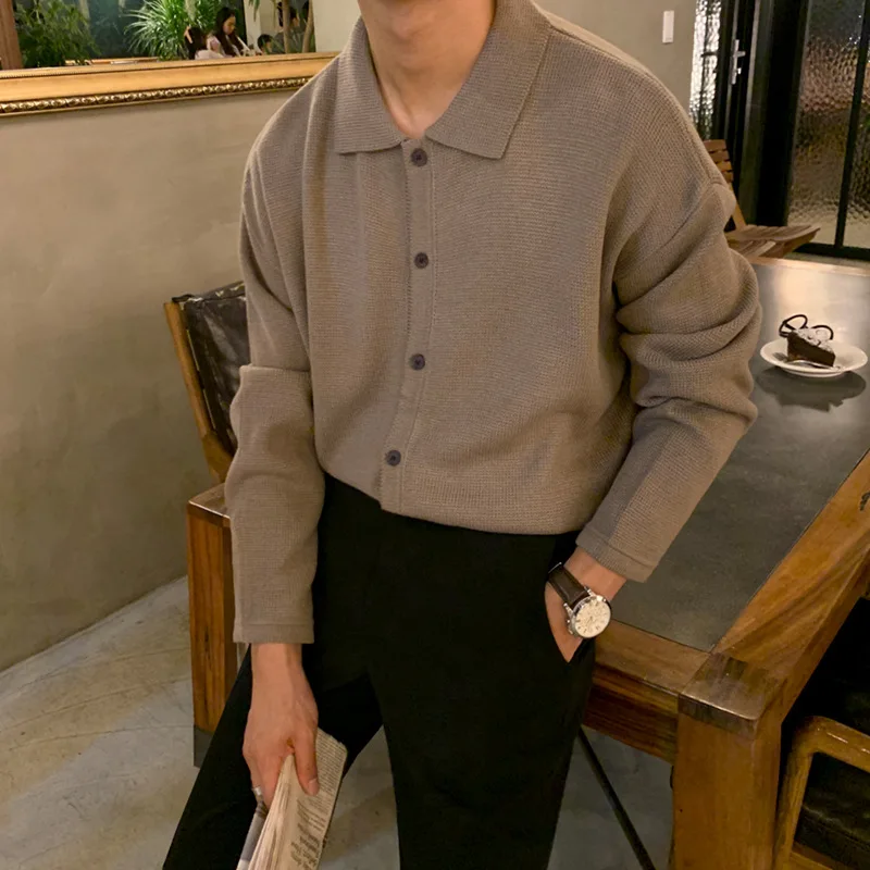

Осенние новые модные мужские однотонные однобортные однобортные кардиганы с отложным воротником и длинными рукавами, повседневные модные вязаные кардиганы, мужские пальто, топ