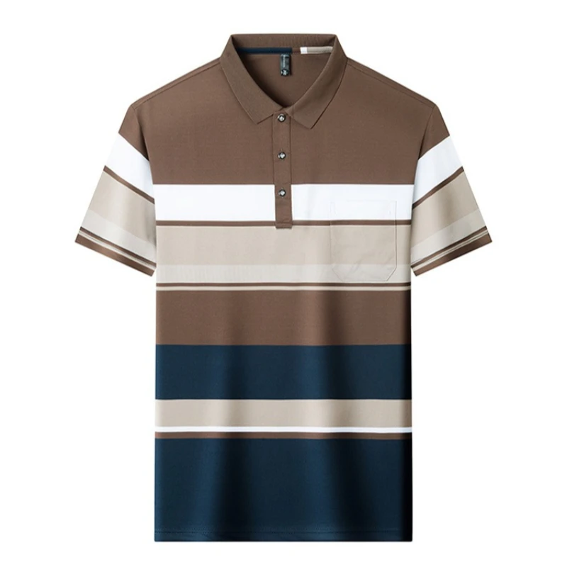 Classic Men Contrast Striped Polo Shirt Short Sleeve Lapel Collar Chest Pocket Button Front Casual Business Work Tops