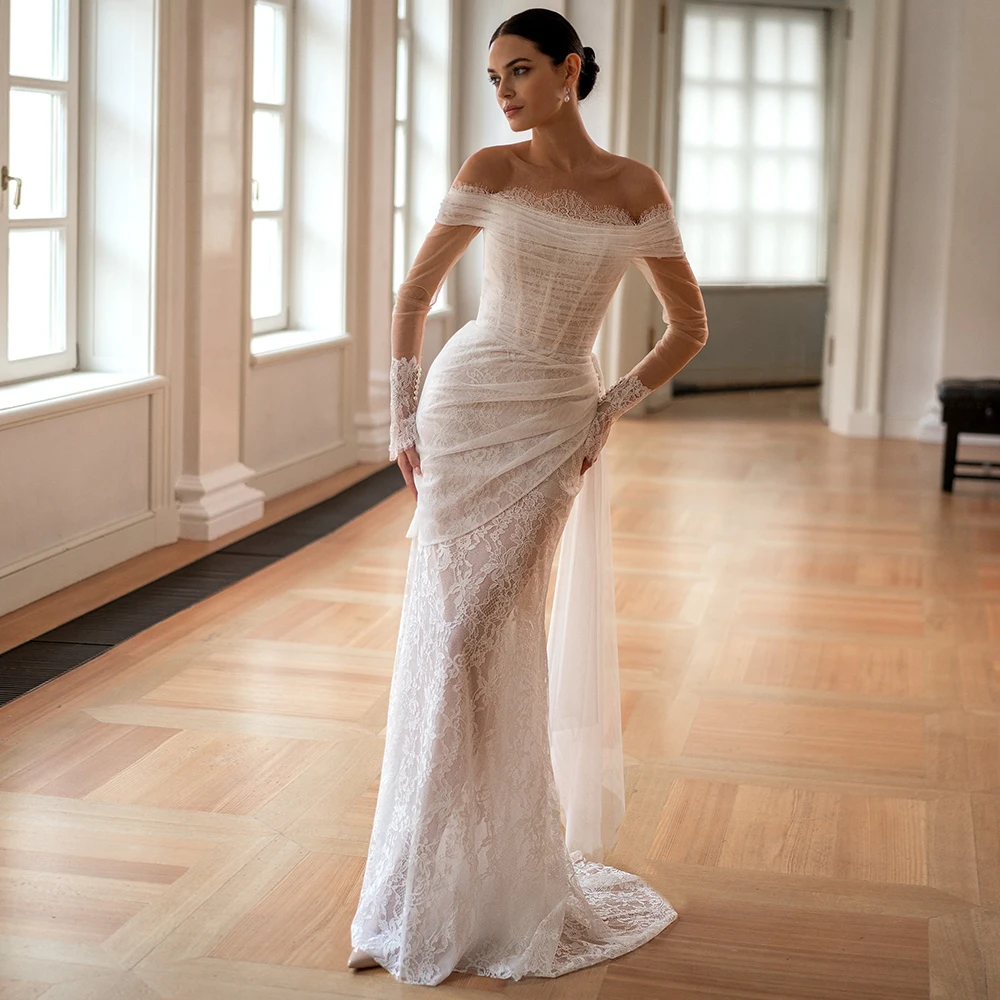 Romantic Lace Sheath Wedding Dress Tulle Off the Shoulder Court Train Zipper Back Customized Bridal Gowns Vestidos De Novia