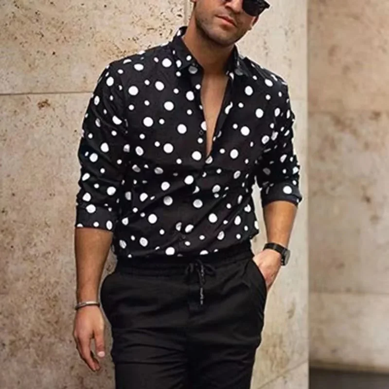 Men\'s Top Button Lapel T-Shirt Polka Dot Black White Fashion Simple Casual Dress Spring Summer High Quality Material Plus Size