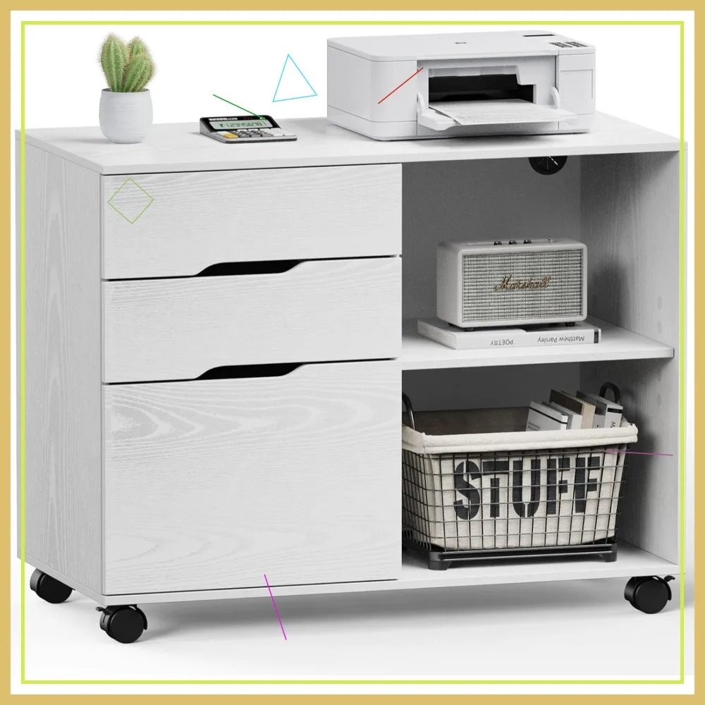 

3-Drawer Rolling File Cabinet with Wheels, Adjustable Shelf for Office Home Storage, White