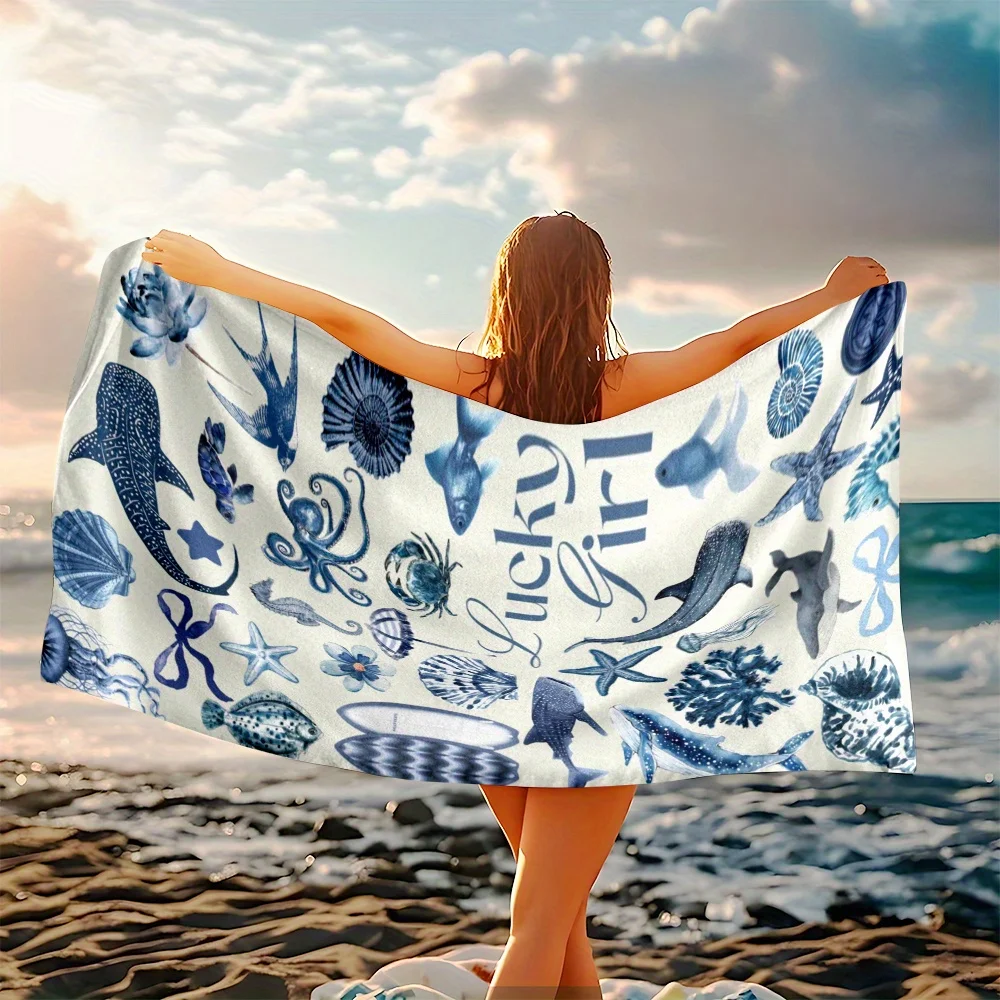Toalla de playa Oversized Bohemian Blue Ocean Life, diseño de la suerte con ballena, estrella de mar y conchas, perfecta para la playa y la piscina, 1 ud.