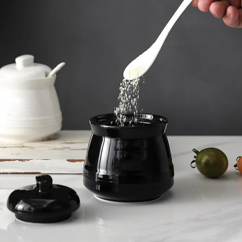 Ceramic Spice Container with Spoon,Porcelain Sugar Salt Cellars Jar with Lid,Round Condiment Organzier for Kitchen Accessories image 2