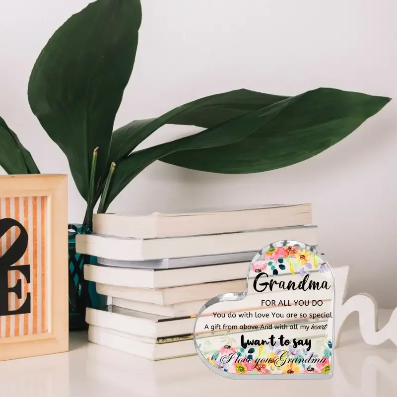 مسطح ثنائي الأبعاد، قطعة واحدة من لوحة الأكريليك على شكل قلب للجدة - تصميم الأزهار مع رسالة ملهمة، هدية عيد ميلاد مثالية