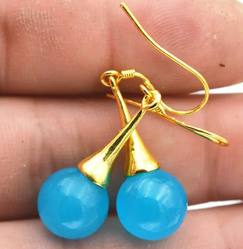 

Beautiful Natural Sea blue Jade Gemstone Gold-plated/Dangle Earrings