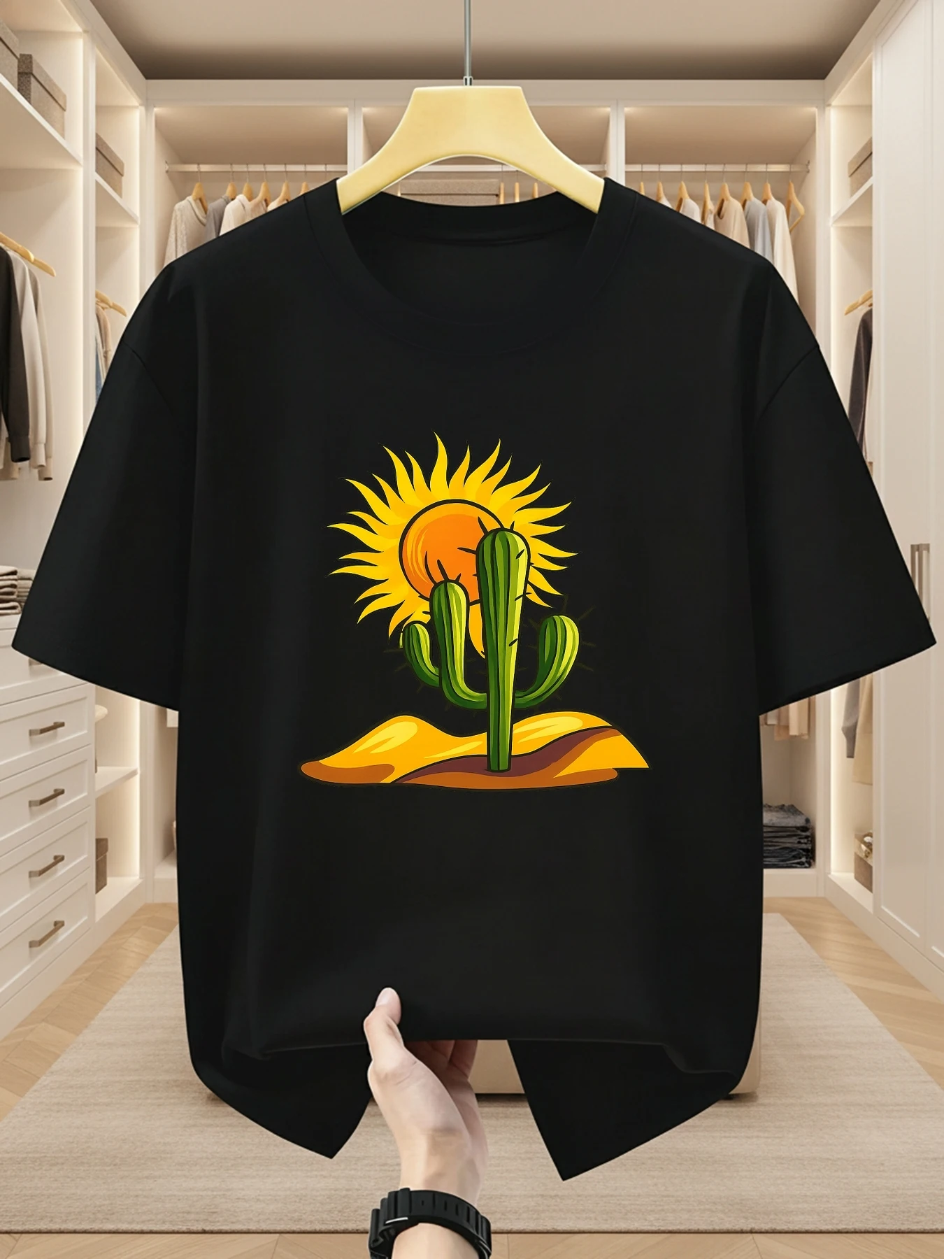 Simple Style Sun and Cactus Print Round Neck Short Sleeved T-shirt Comfortable Casual Short Sleeved T-shirt in Summer