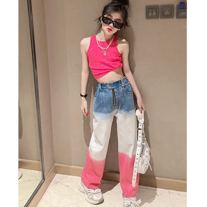 

Модные брюки для детей от 4 до 14 лет, уличная одежда, прямые брюки-ведра, весна-осень 2022, джинсы для девочек, брюки, 3 цвета, сращивание