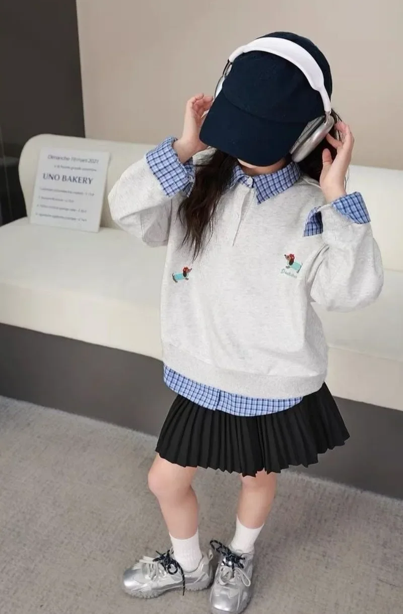 Girls' 2025 New Spring/Autumn Korean Style Middle/Big Kids Two-piece Patchwork Plaid Shirt Collared Sweatshirt