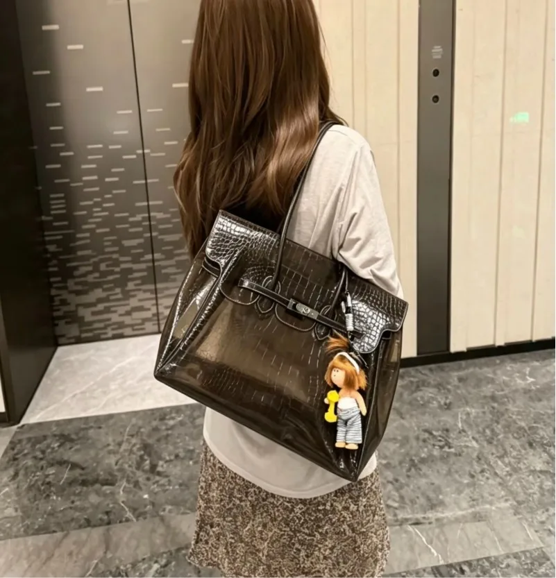 In Stock Crocodile Pattern Jelly Handbag Transparent PVC Women Tote Bag Candy Color Large Capacity Shoulder Bag Fashion Handbag