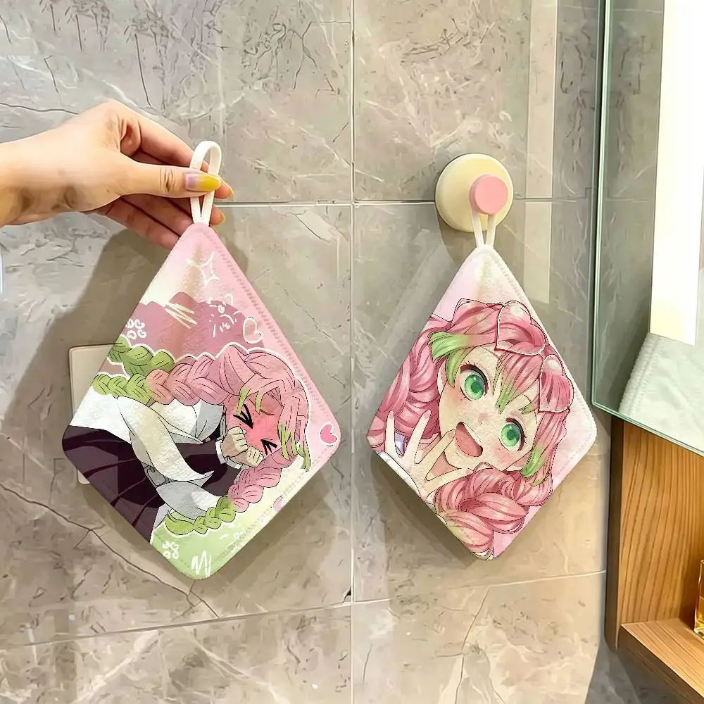 Anime Character Mitsuri Kanroji Polyester Cotton Hand Wiping Towel with Hanging Loop, Lightweight for Home and Commercial Use
