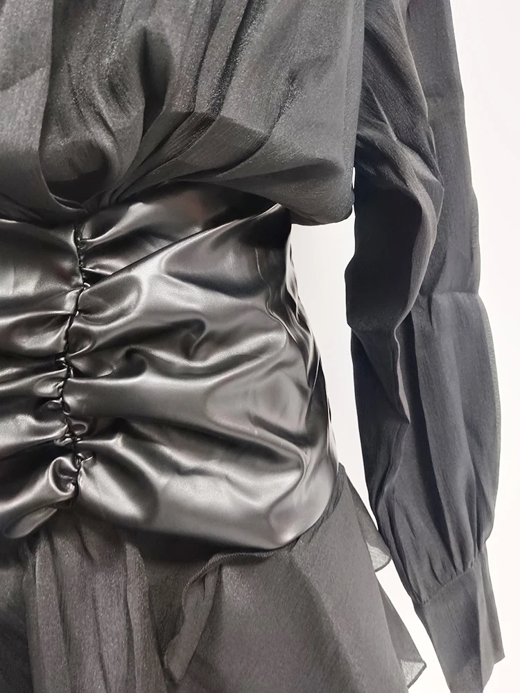 TWOTWINSTYLE Solid Patchwork Leather Dresses For Women Lapel Long Sleeve High Waist Spliced Folds Elegant Mini Dress Female New