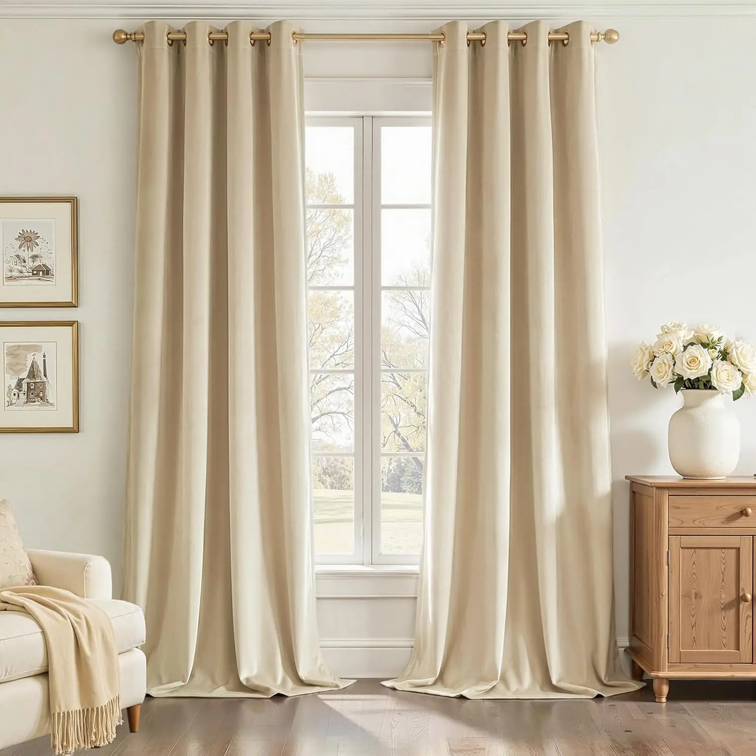 

63 Inch Long Beige Blackout Velvet Curtains, Sound Proof Grommet Curtains, Ivory Cream Boho UV Blocking Cute Elegant Dra