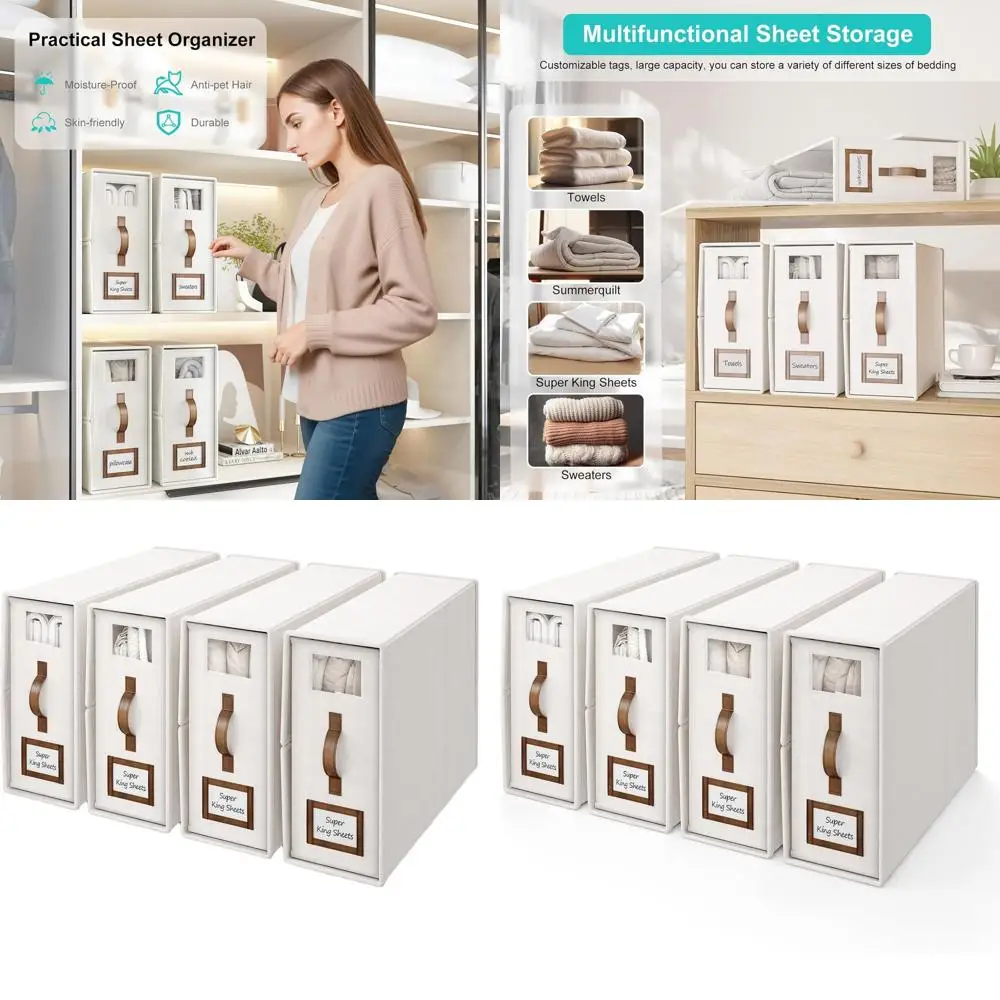 

4-Piece Cal King Bed Sheet Organizer with Handle, Storage Box for Linen, 5.2 Gal White Duvet Cover