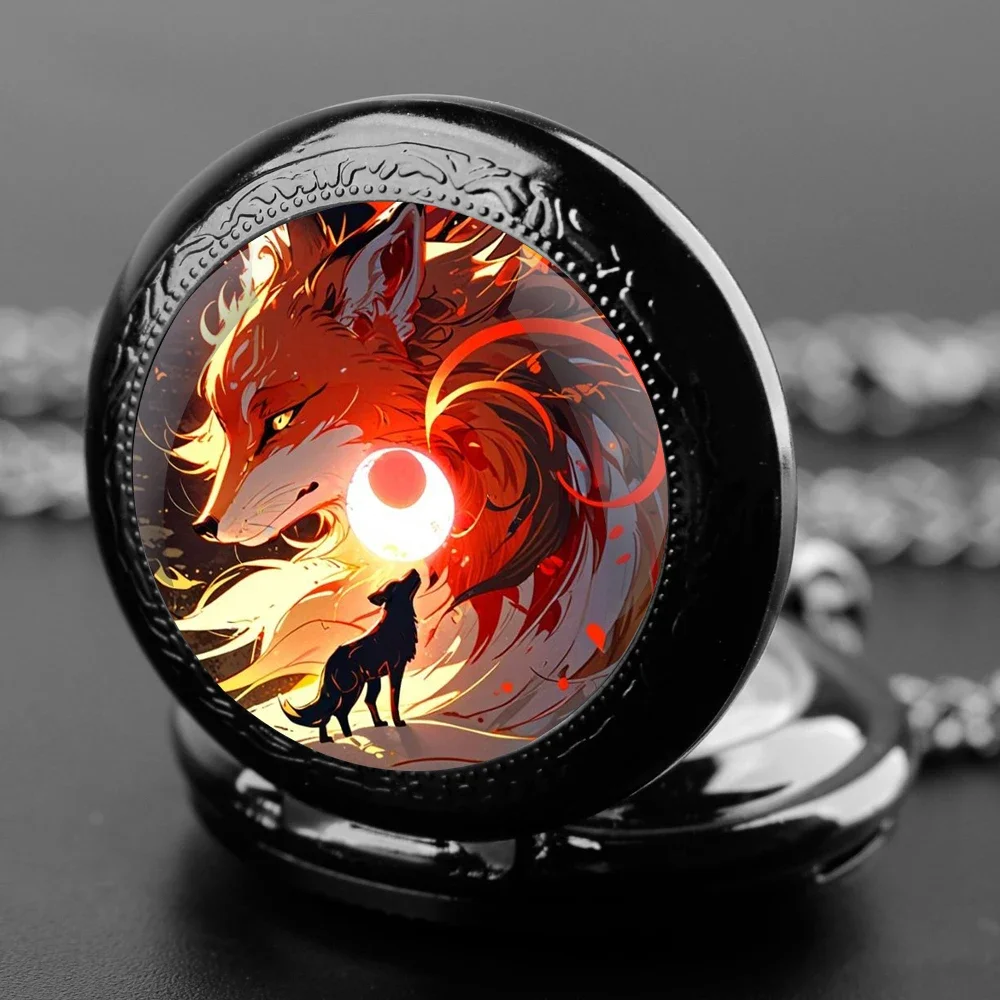 Red Fox Glass Dome Quartz Pocket Watch With Durable Chain Arabic Numeral Dial Creative Gifts for Men Women Kids