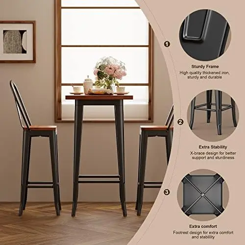 Bar Table and Chairs Set, 2-Piece, Elm Wood with Metal Frame, for Bar, Bistro, Small Space
