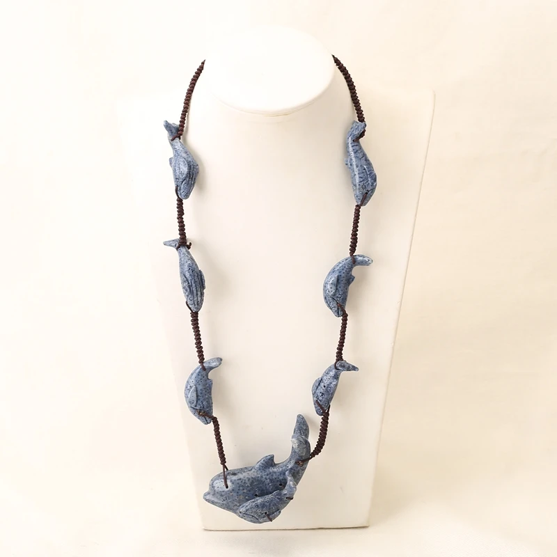 Natural Blue Coral Handcarved  Dolphin Necklace - Ocean Style Adjustable 18-28 Inch Jewelry Accessory 64x27x23mm, 34x11x12mm