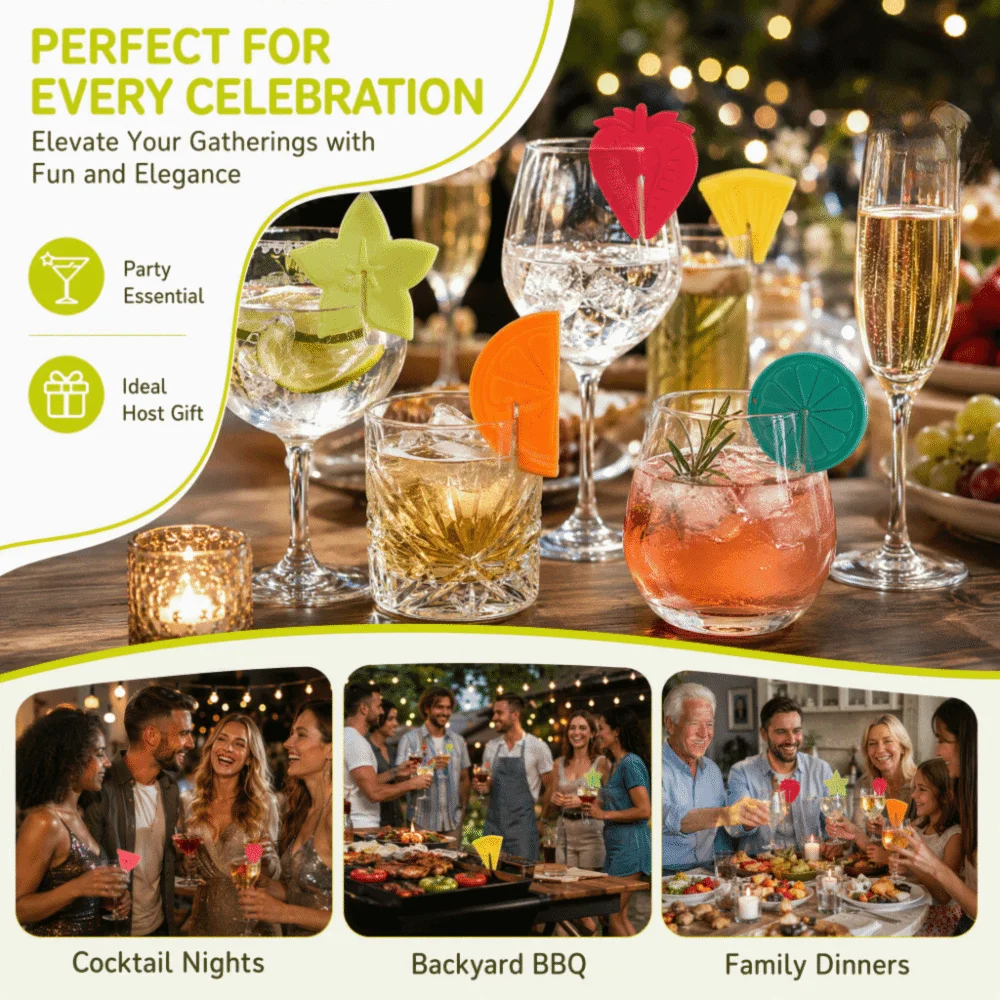6 PCS Silicone Wine Glass Marker Colorful Fruit Pattern Wine Glass Markers Set Easy to Use Reusable Drink Cup Label Home Kitchen