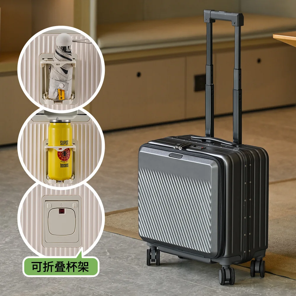 18 Front Opening Carry On Suitcase Aluminum Frame Color-Block Travel Cabin Luggage 1:9 Opening Multi-Functional Trolley Case