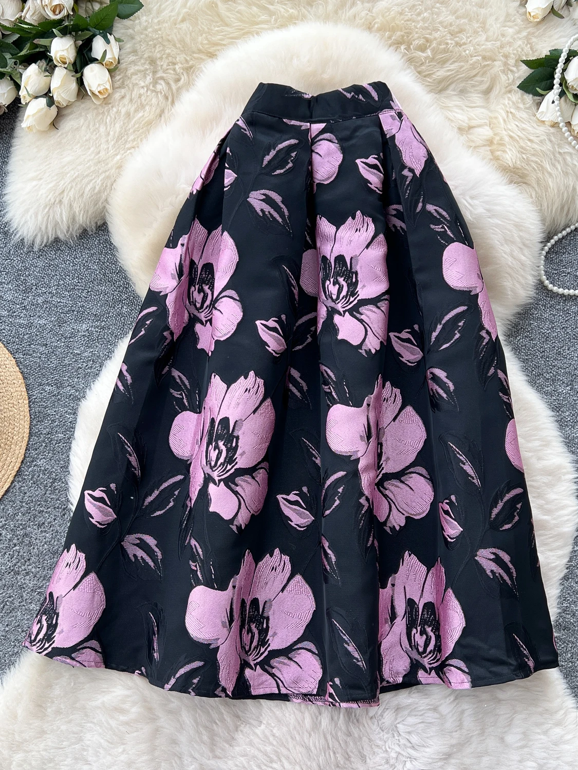 

Retro Floral Midi Skirt Women Fall Fashion High Waist A Line Skirts
