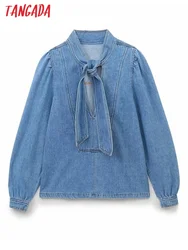 Tangada 2023 Women Blue Denim Cotton Shirt With Bow Long Sleeve Female Loose Blouse Tops 6H321X