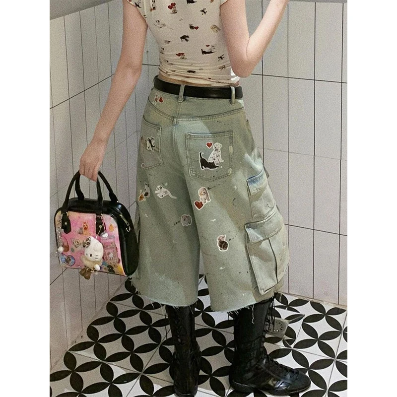

Vintage Harajuku Aesthetic Style Jeans Women's 2025 Summer Sweet Casual Calf-Length Pants Y2K Punk Street Baggy Denim Shorts