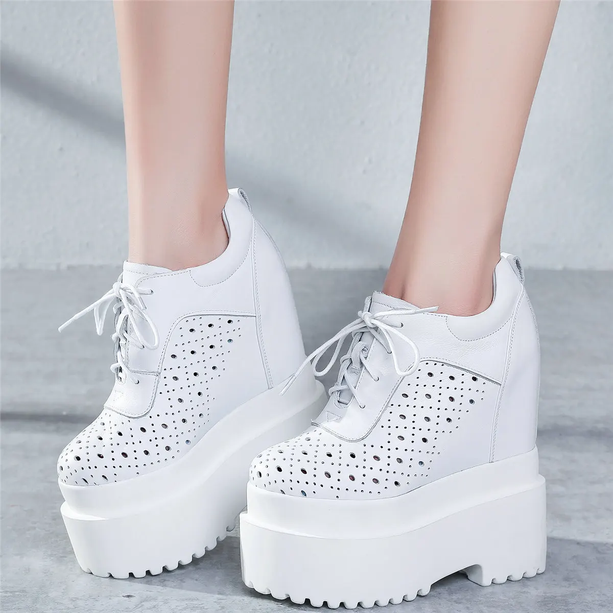 Fashion Sneakers Women Hollow Genuine Leather Wedges High Heel Gladiators Sandals Female Round Toe Platform Pumps Casual Shoes