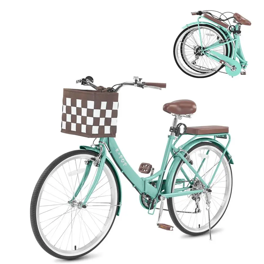26 Inch Foldable Beach Cruiser Bike Womens Bicycle with Basket, 7 Speed Bikes for Women, Womens Bike Commuter Bicycle for Adult